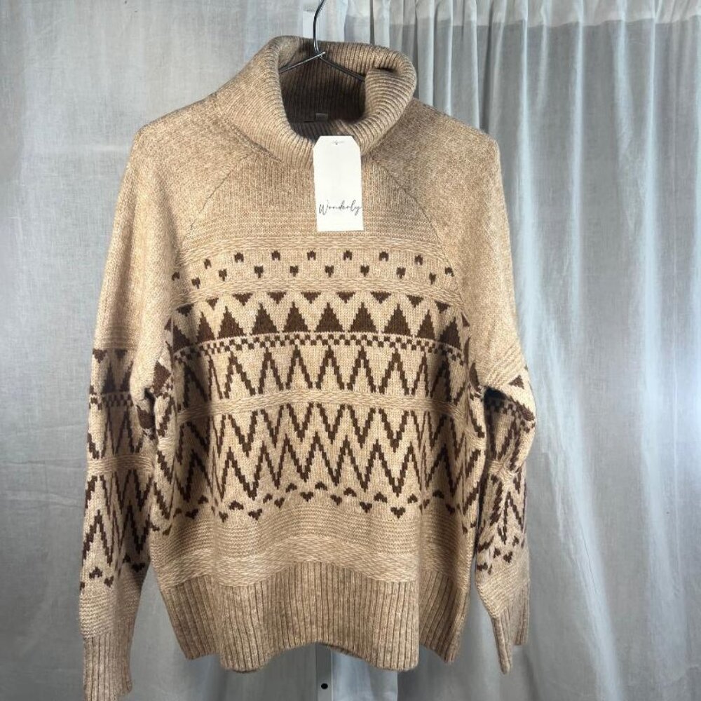 NWT Wonderly Mixed Stitch Fair Isle Sweater in Tan/Brown - Size L
